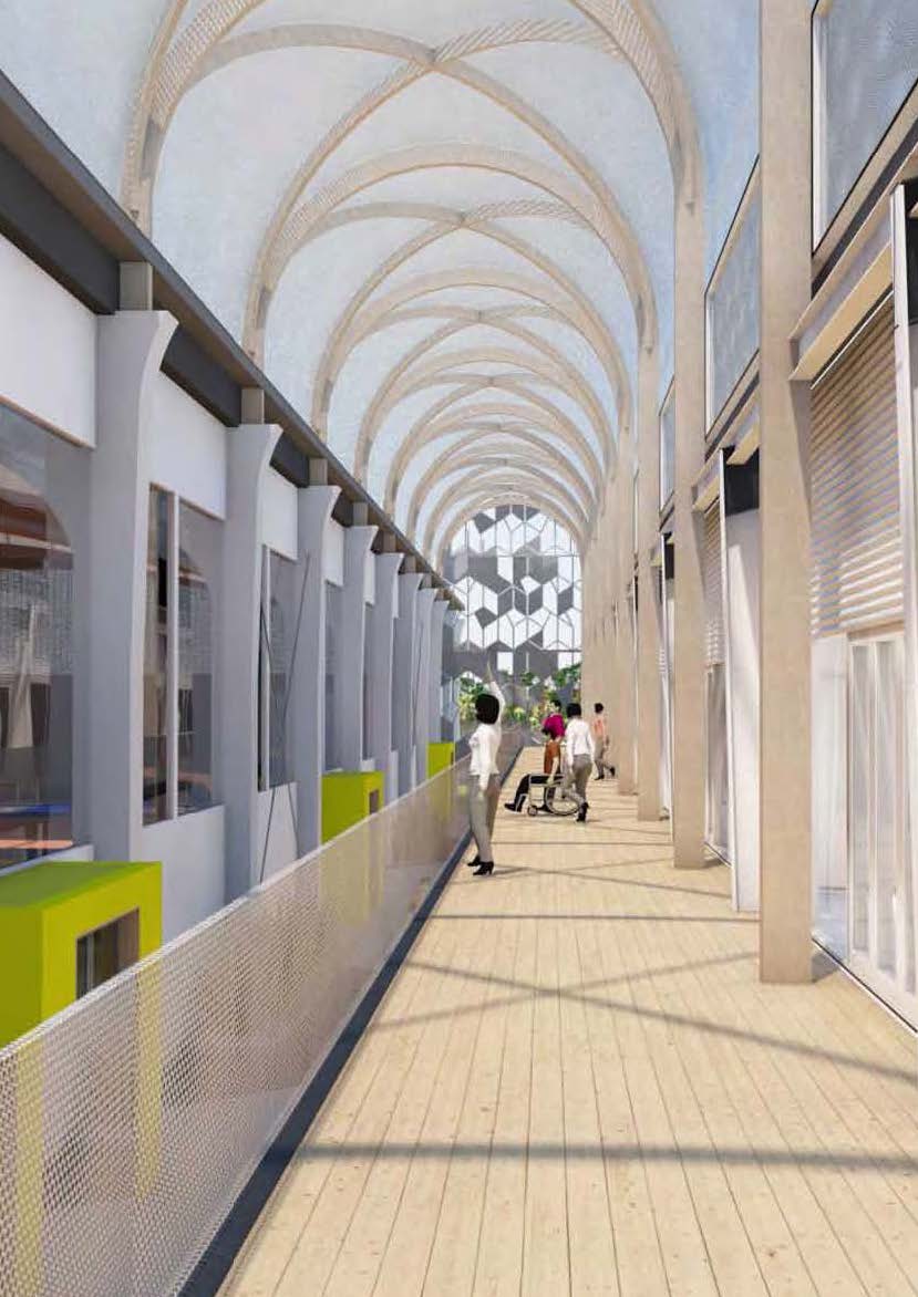 Render of a bright, high-ceilinged indoor concourse at Harbour Sports Hub